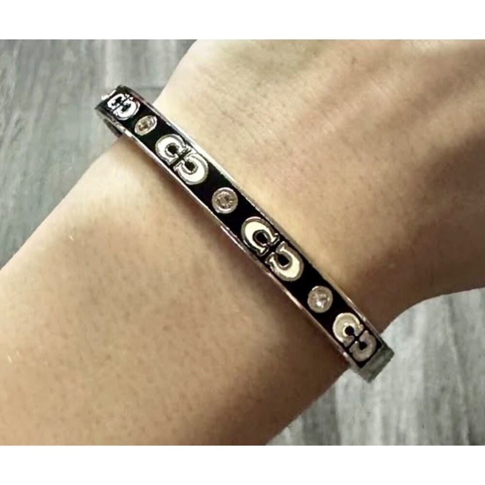 Coach New York Black Enamel Signature C Logo Crystal Hinged Bangle Bracelet